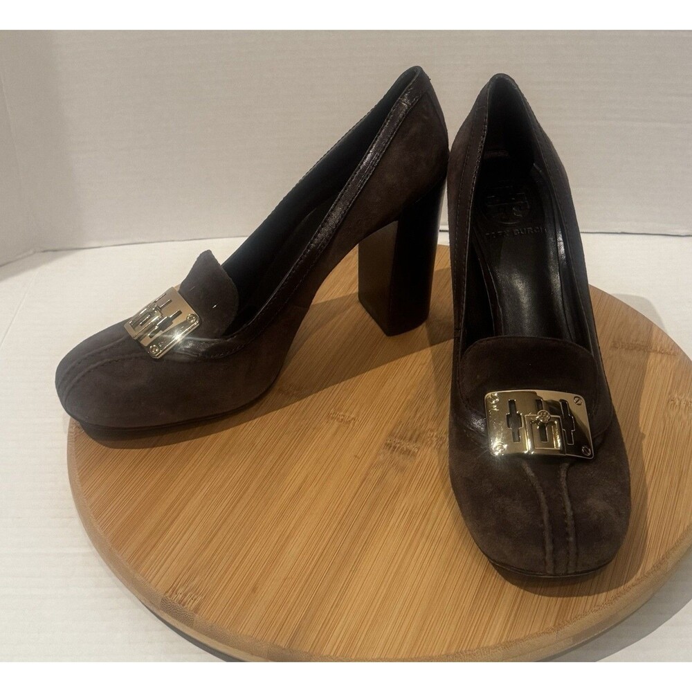 Tory Burch Women's Block Heel Pump Suede Brown Gold Buckle 9.5M Platforms Howie